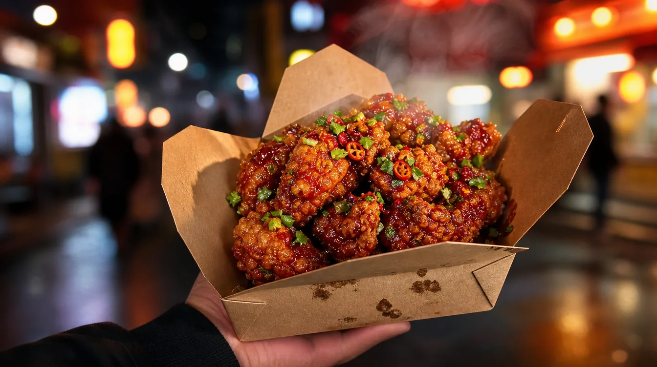 Loaded street food box at night