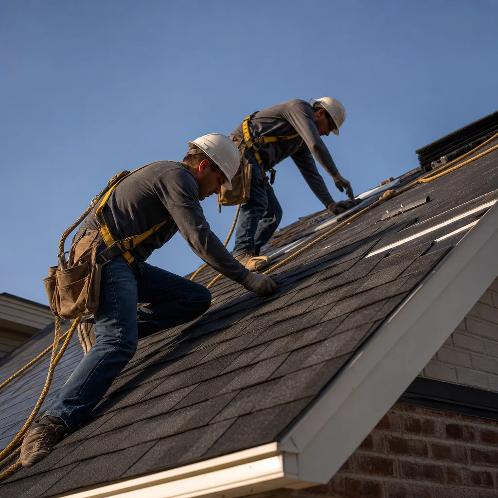 Crew installing shingles